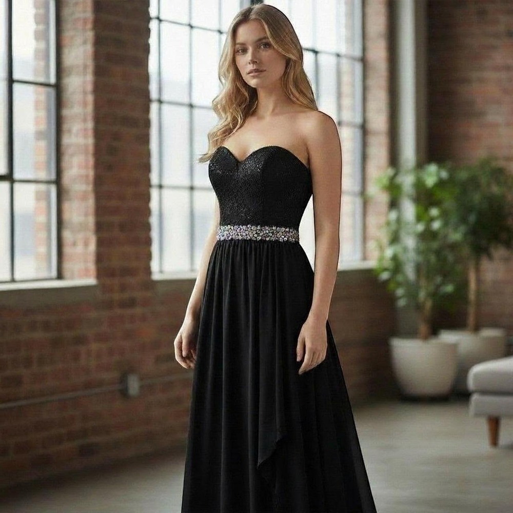 La Scala USA Black Strapless Lace Sequin Crystal Embellished Chiffon Gown